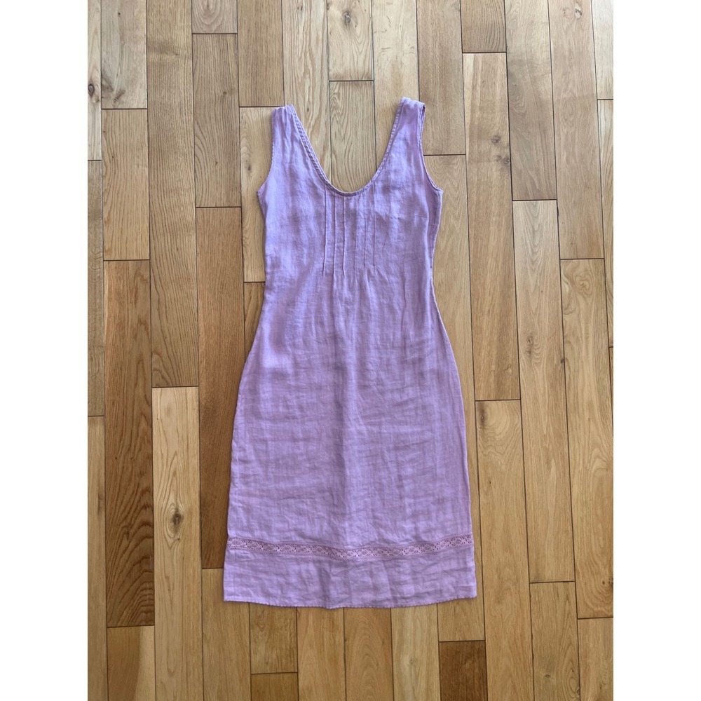 Vintage Stefanel 100% Linen Pintuck Sleeveless Dress Lace Detail Knee Length XS